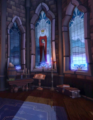 A chapel interior with stained-glass windows