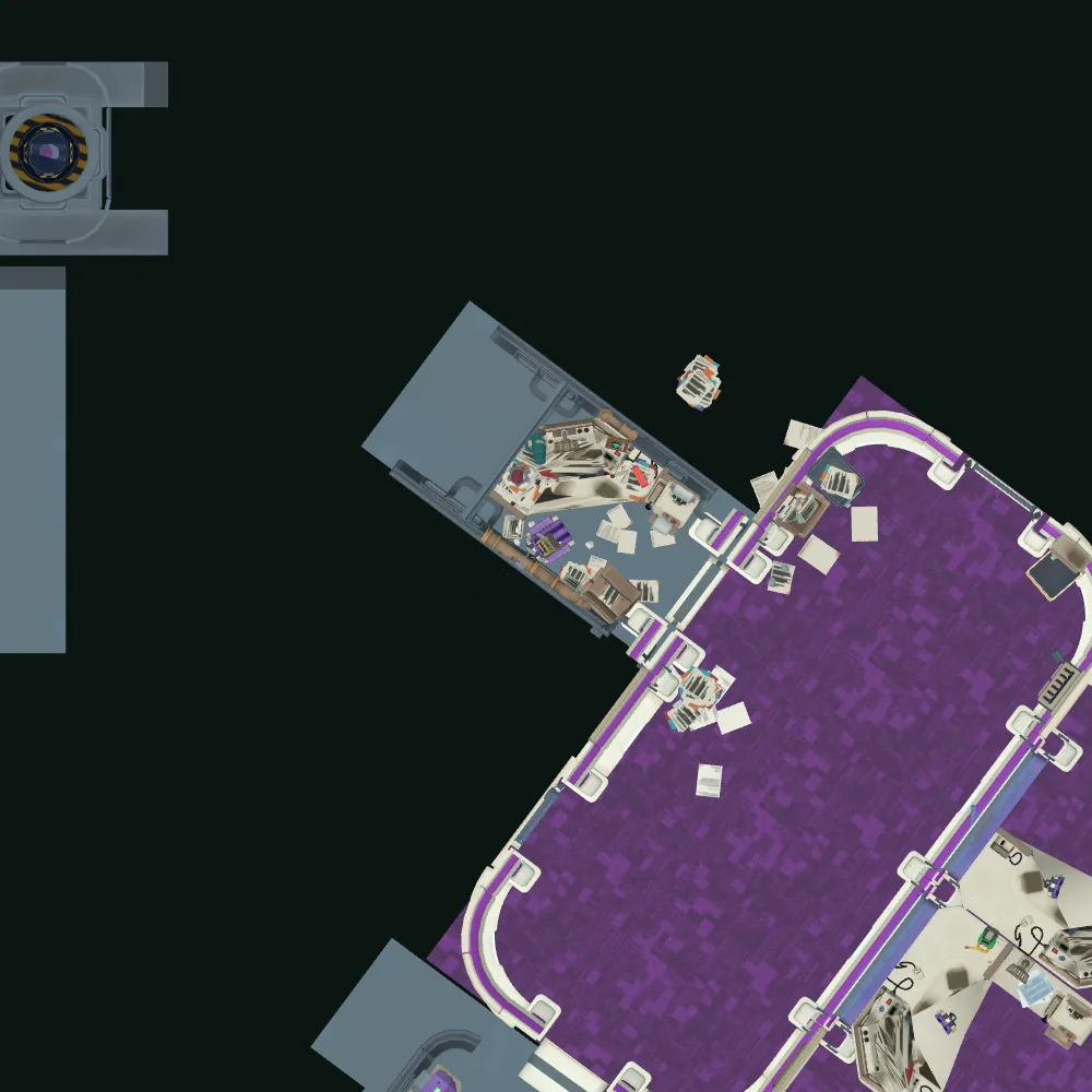 Mappa vista dall’alto senza soffitto, con segnato il punto in cui si trova Registrazione audio 2: Meg, sono la dottoressa Bowe.