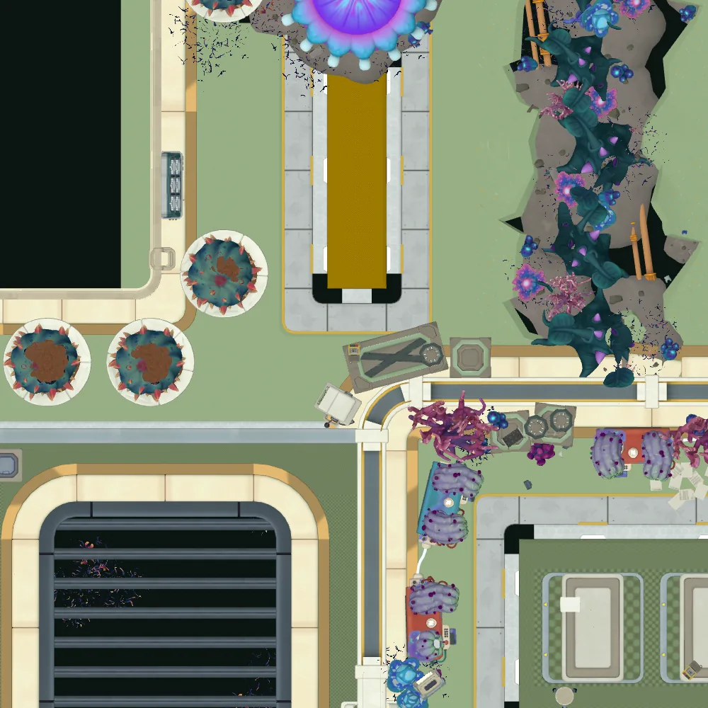 Mapa en corte visto desde arriba, con el lugar de Registro de audio 16: Día cinco del experimento loco de Emily. marcado