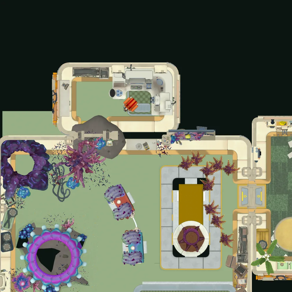 Cut-away map from above with the spot of Audio log 19: Sean, until I say stop looking at that plant, marked