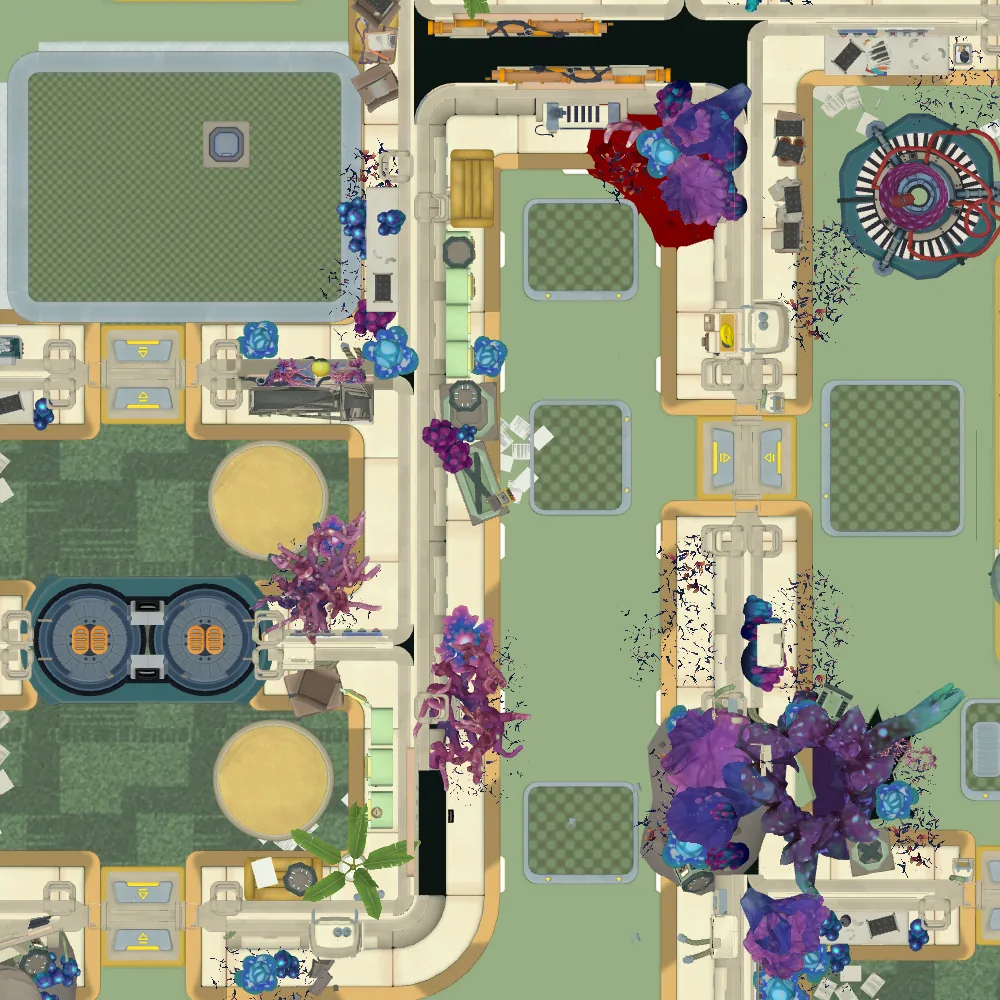 Cut-away map from above with the spot of Audio log 22: Today Emily successfully fused organic alien tech marked