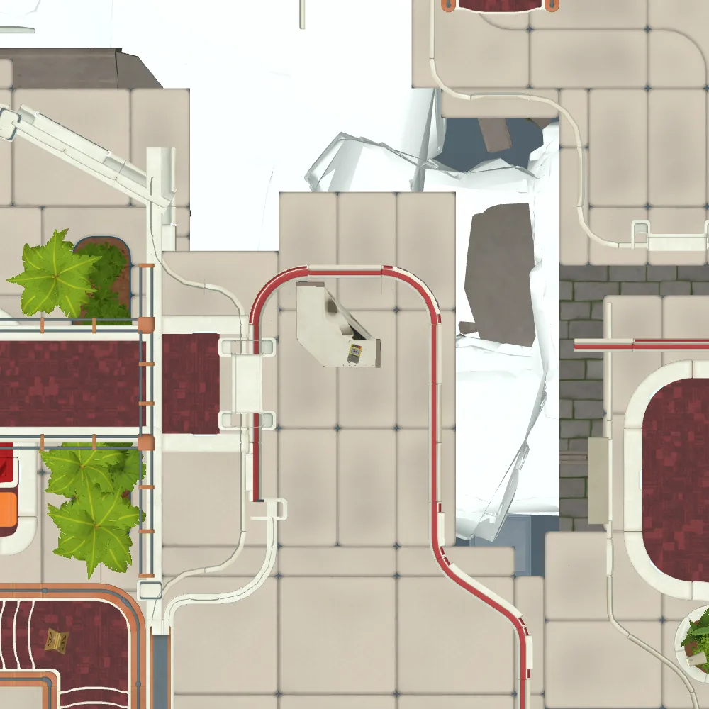 Mappa vista dall’alto senza soffitto, con segnato il punto in cui si trova Registrazione audio 6: A volte nel laboratorio compaiono queste "finestre".